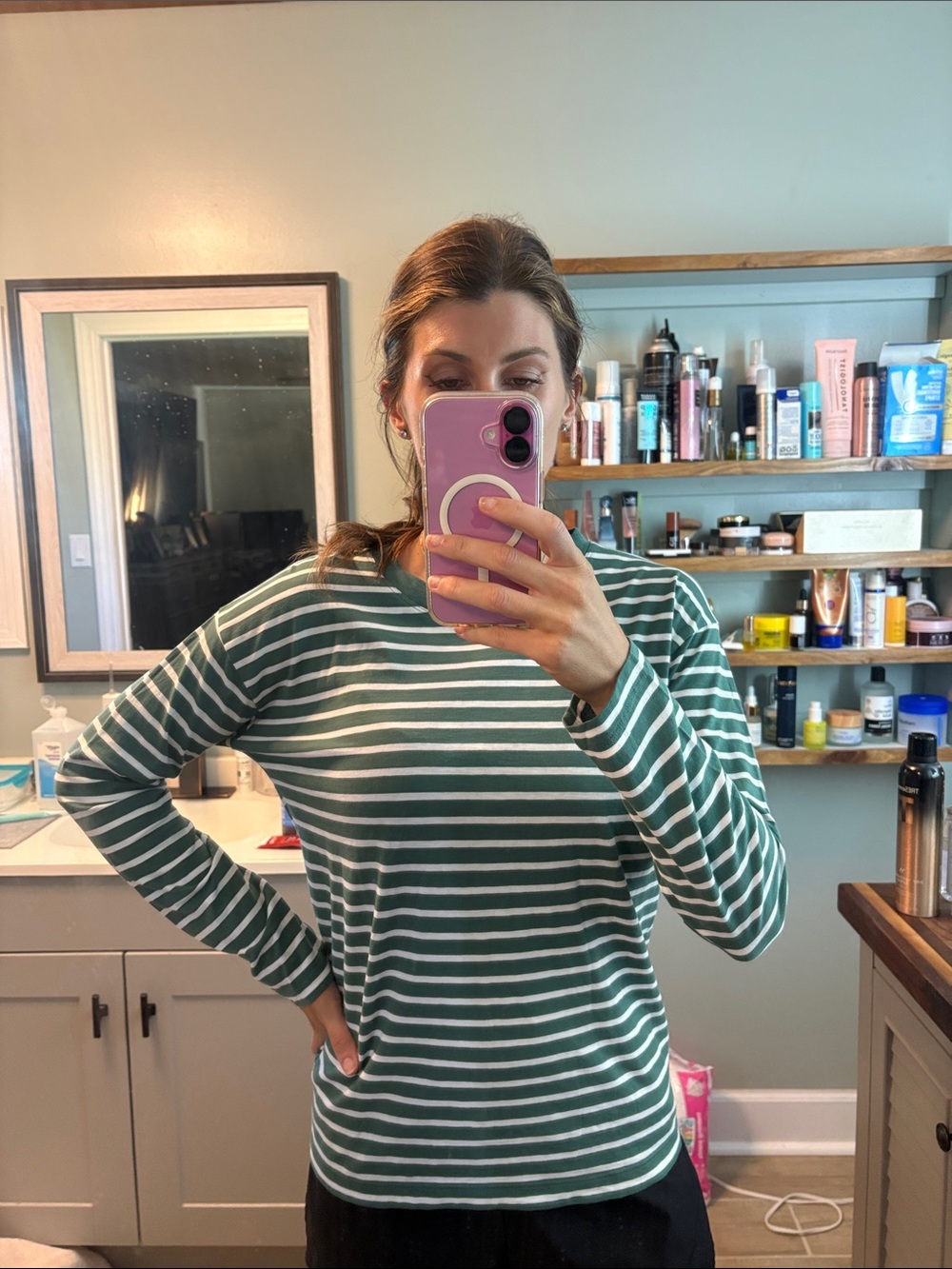 J. Crew Green and White Striped Long-Sleeve Tee